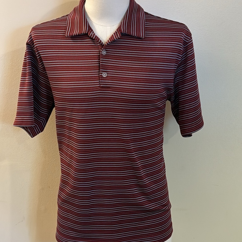 Nike Golf Men’s Cranberry & Gray Stripes M Short Sleeve Polo Tennis Prep